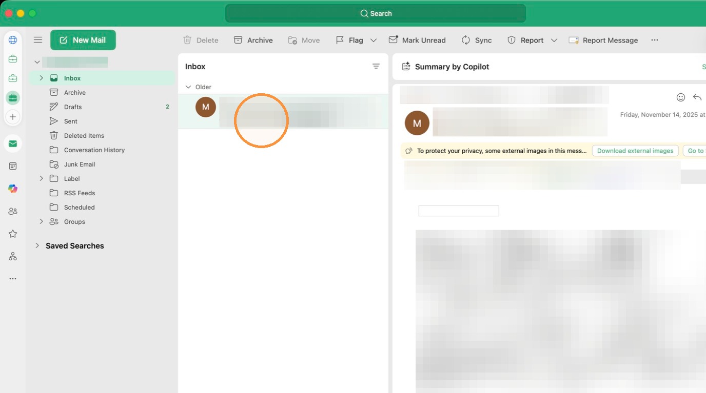 Screenshot for step 2: Select the email you wish to report from the inbox list.