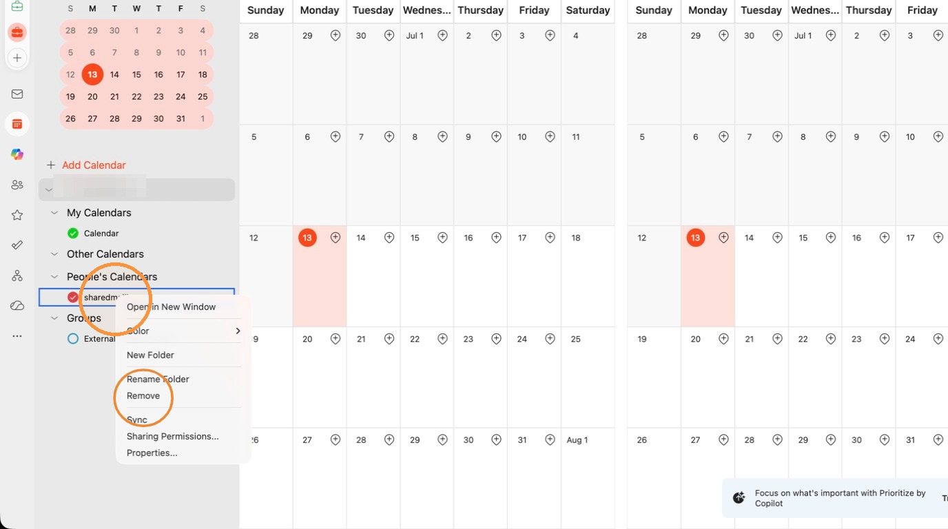 Screenshot for step 2: Right click the shared mailbox, then Click "Remove"