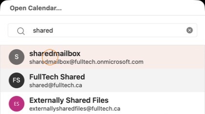 Screenshot for step 4: Select 'sharedmailbox' and click 'Open'