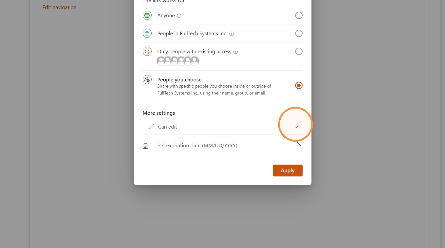 Screenshot for step 5: Open the "Can edit" permission menu