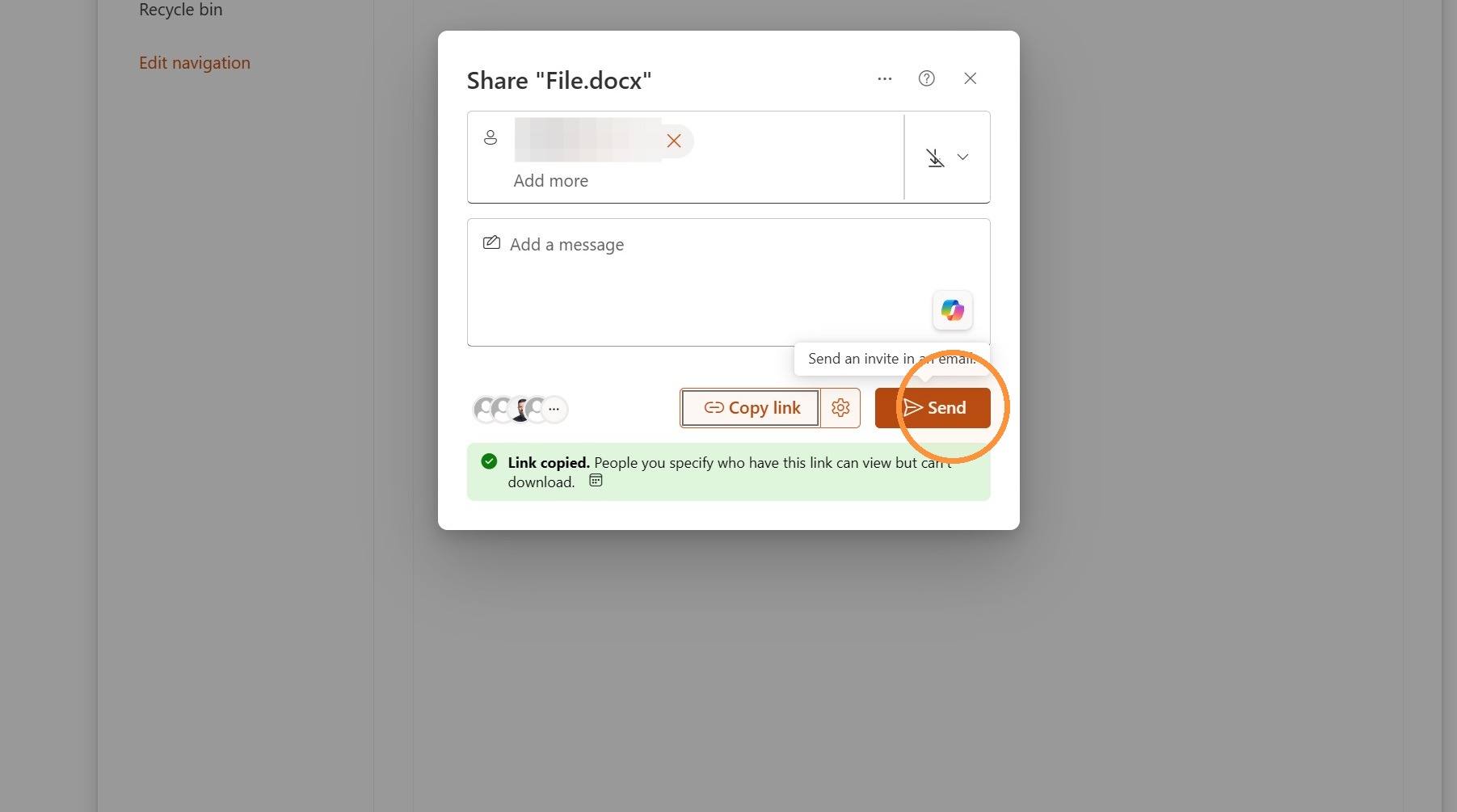 Screenshot for step 11: Click "Send" to send an email directly from Microsoft
