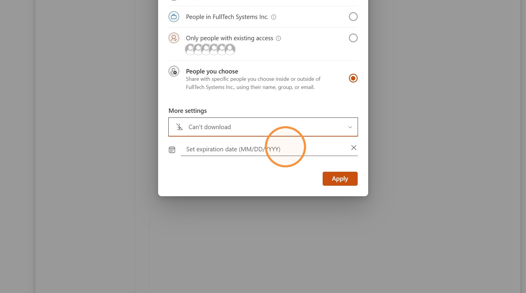Screenshot for step 7: OPTIONAL: Click the "Set expiration date (MM/DD/YYYY)" field